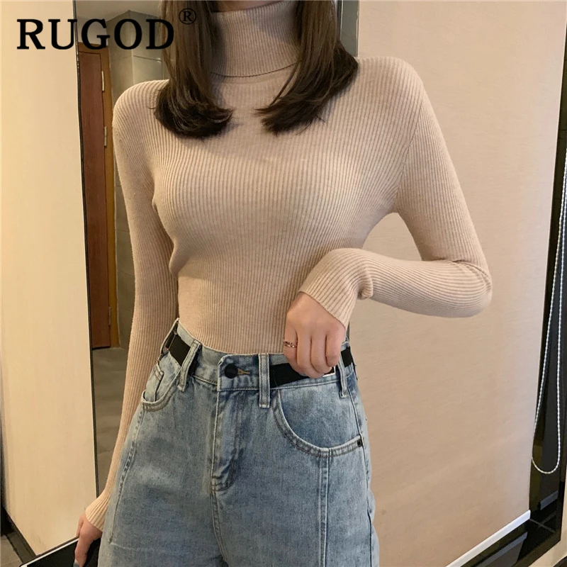 RUGOD Casual Solid Basic Knitted Blouse Women Elegant Turtleneck Long Sleeve Tunic Auturm Bottoming Pullover Tops 2019 new | Женская