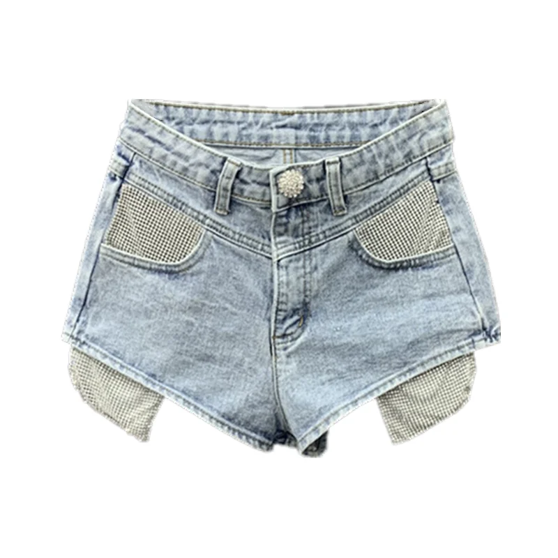 

[DEAT] Korean Fashion Iron Drill A-line Wide Leg Pants Leak Pocket Wash Light Blue Jeans Hot Shorts Women 2021 Summer GX469
