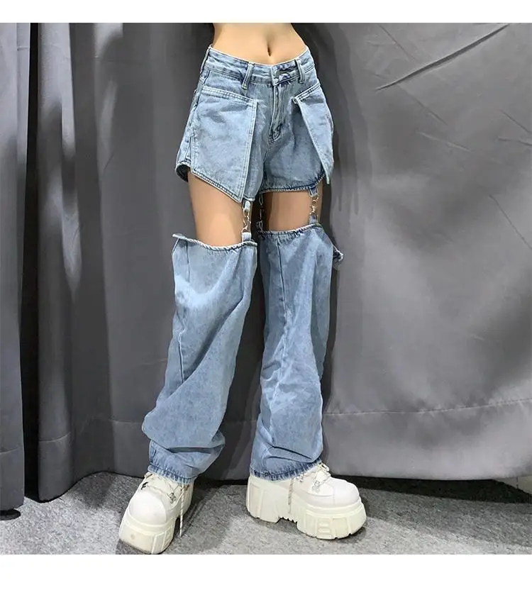 

High street Jeans Women Splice Wide Leg Trousers Hip-hop cotton Loose Retro Chain Removable Cool Girls Womens Denim pants New
