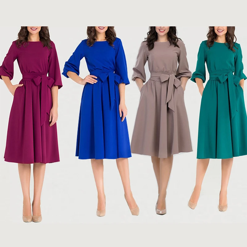 

Ladies Elegant Solid Color Belt Lace Up Lantern Long Sleeve Knee Dress Crew Neck A Line Pleated Shirring Skirt Women Female