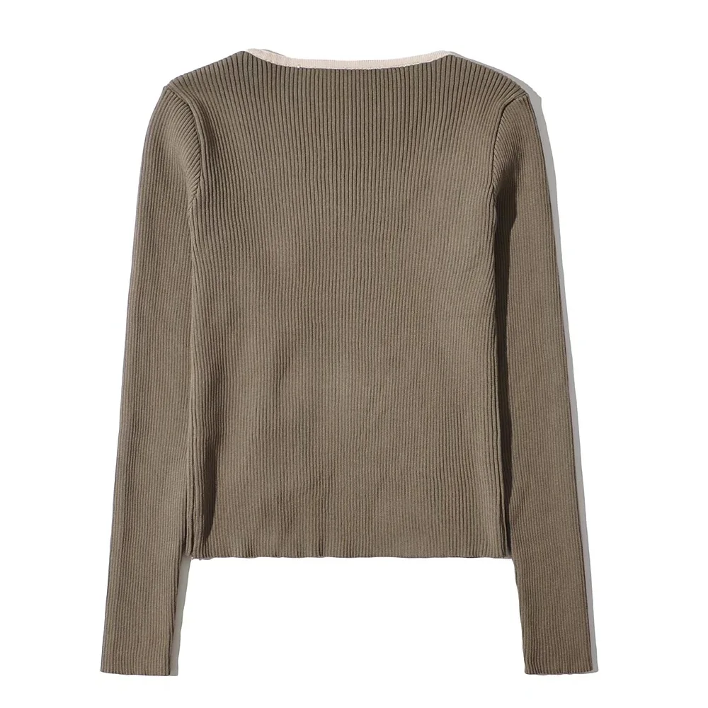 

Chinese Style Women Knit Striped Line Contrast Color Rope Buttons Sweater Short Pullover Knitwear Long sleeve Slim Jumper Tops