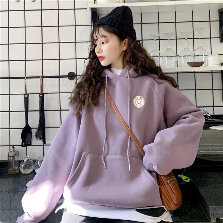 

Korean Fashion Autumn Winter Kawaii Hoodie Cartoon Rabbit Long Sleeve Pullovers Hoody Solid Color Sweatshirt Hoodies for Women