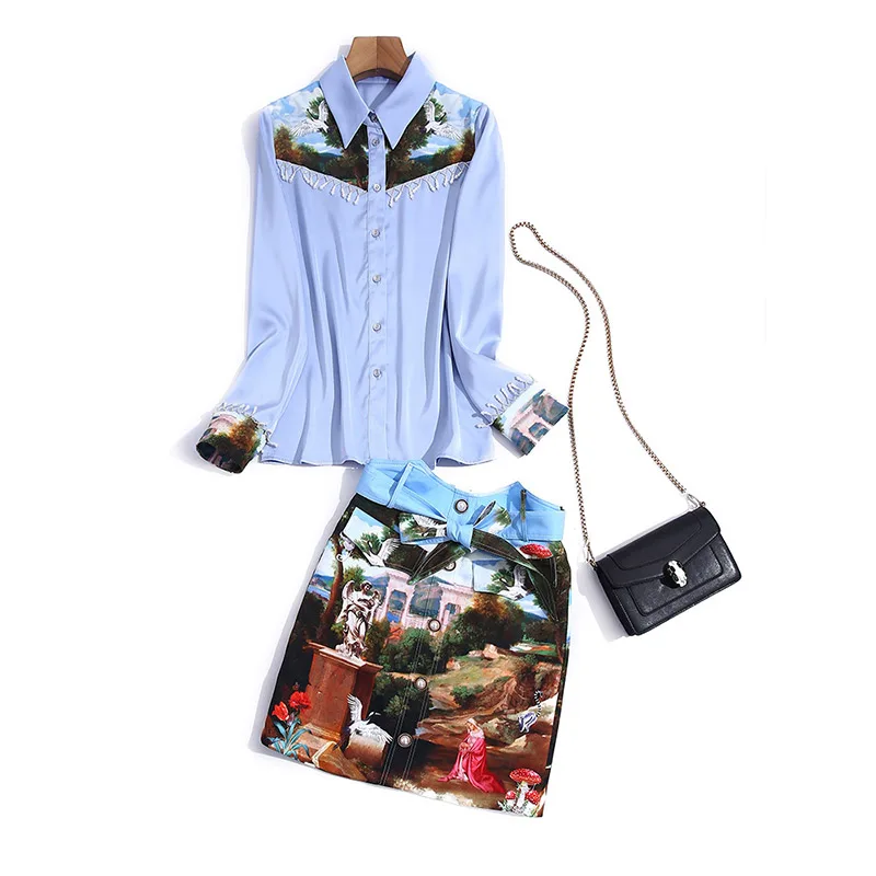 

2021 new women's clothing order bead chain printing long sleeve shirt waist half skirt small fashion two piece set