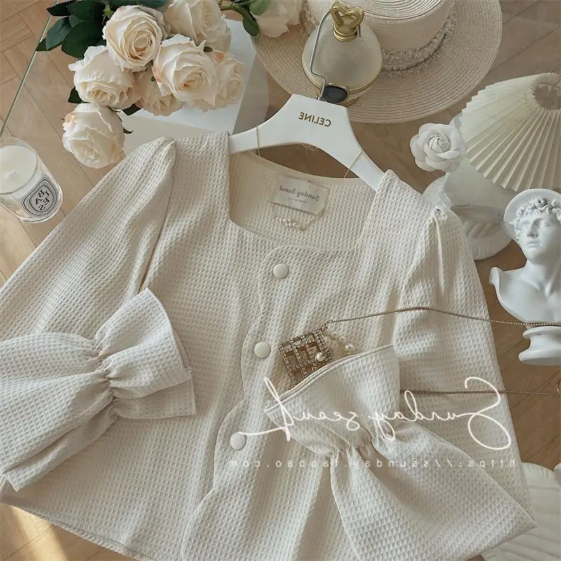 

QWEEK Elegant Crop Top Women Vintage Button Up Cardigan Square Collar Office Wear Korean Style Flare Sleeve Camisas Mujer Retro