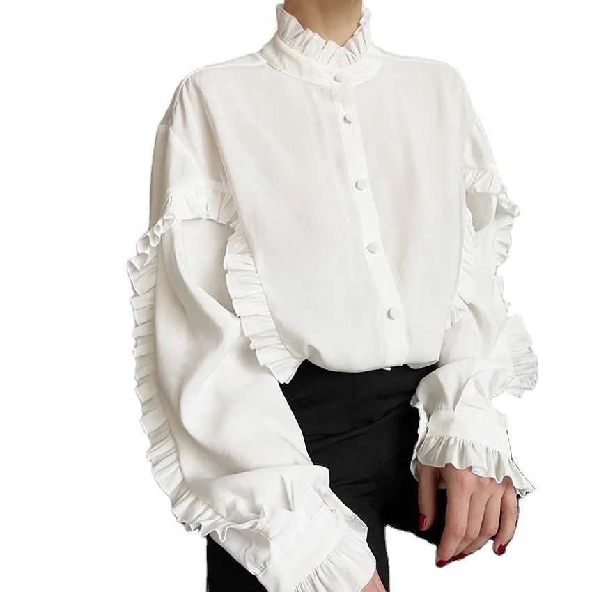 

2021 Spring New Stand Collar Ruffled White Shirt Women's European and American Design Sense Single-Breasted Shirt