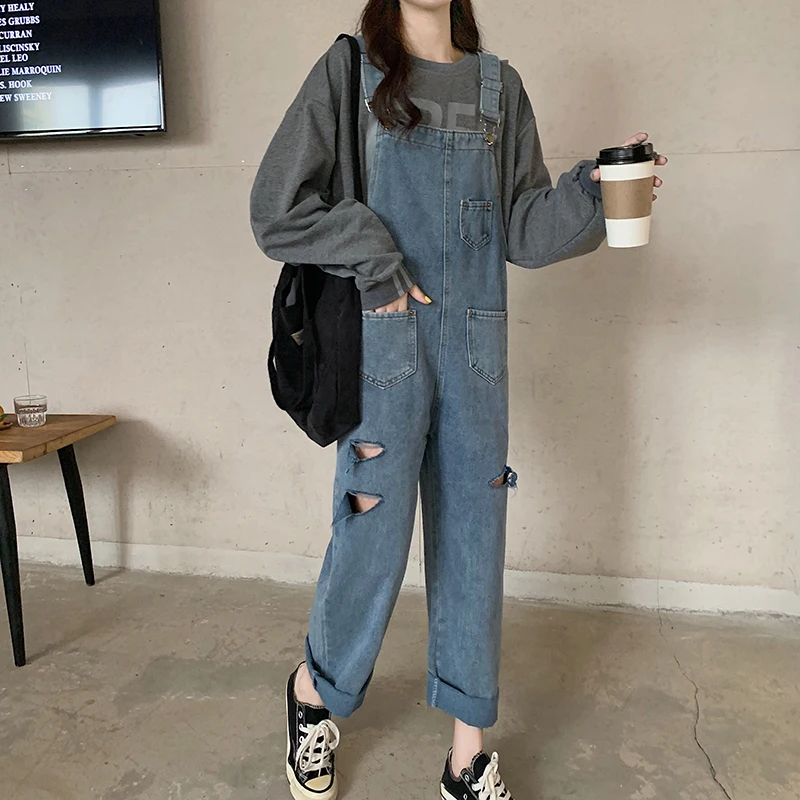 

2021 Retro Denim Overalls Women's Wide-Leg Pants Denim Jumpsuits Loose High-Waisted Holes are Thin and Small All-Match Overalls