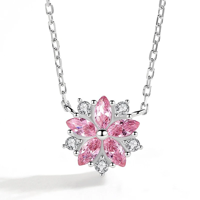

925 Sterling Silver Created Moissanite Gemstone Wedding Sakura Flower Cherry Blossoms Pendant Necklace For Women Fine Jewelry