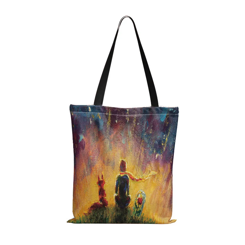 Cartoon Little Prince Women Canvas Shopper Bag with Handle Funny Eco Foldable Reusable Tote Bag Book Key Phone Shopping Bag