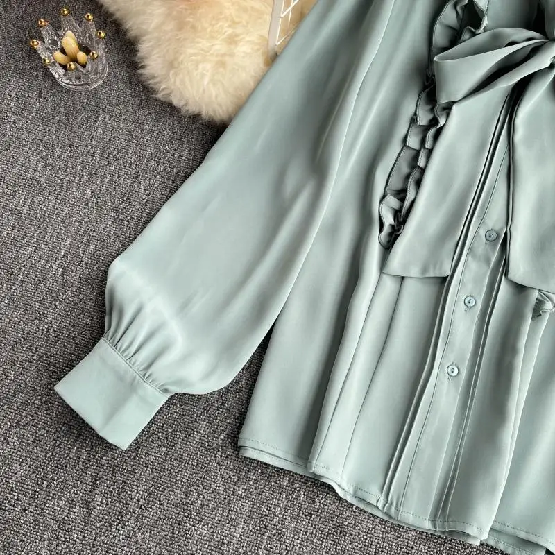 

Women Chic Korean Blouse Sweet Bow Collar Single Breasted Long Sleeve Casual Tops Spring Fashion Streetwear Blouses