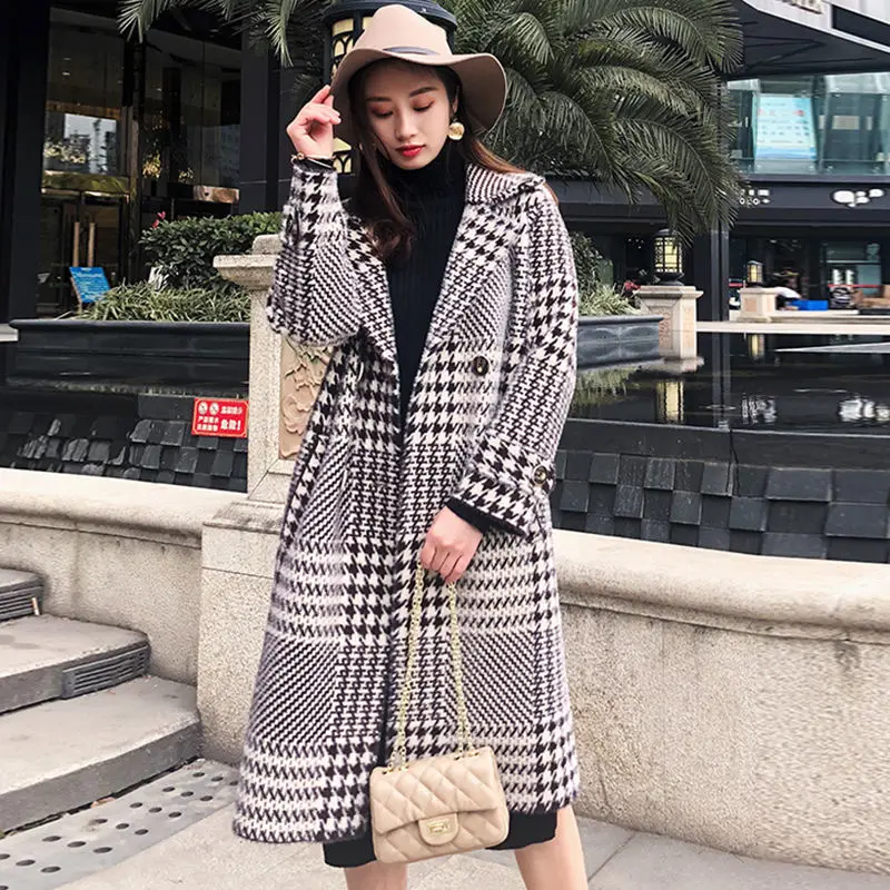 

Popular Houndstooth Plaid Gold Velvet Coat Women Mid-length Over-the-knee Imitation Mink Velvet Coat Women