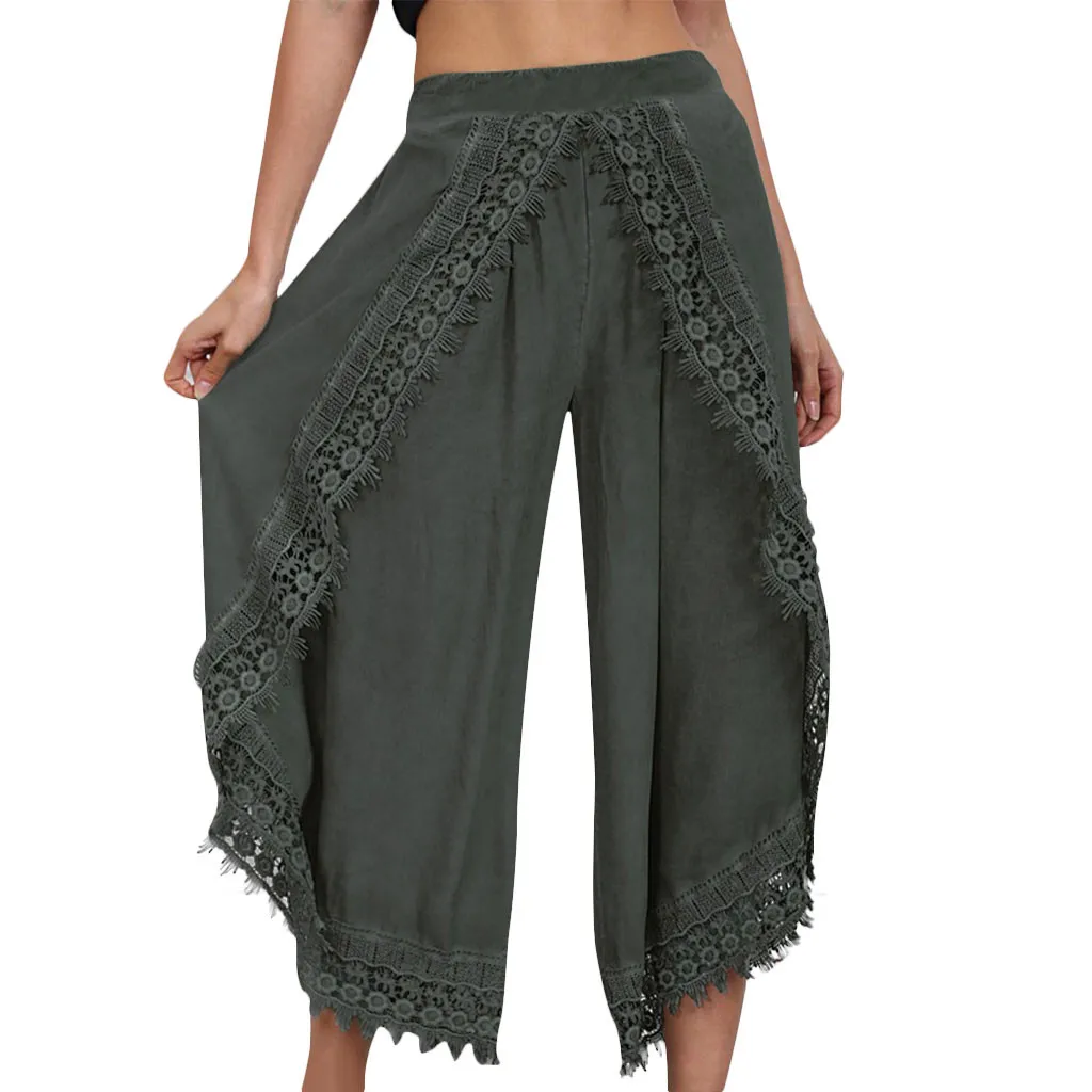 2019 новые модные женские с высокой талией кружевной отделкой широкие брюки