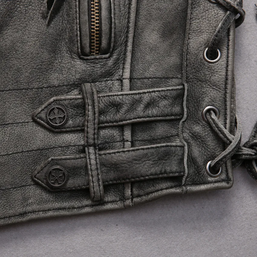 

Distressed gray Vintage lapel Oblique zipper cowskin vests casual adjustable waist sleeveless slim leather jacket men small size