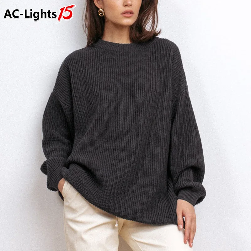 Женский вязаный свитер элегантный джемпер пуловер оверсайз с круглым вырезом