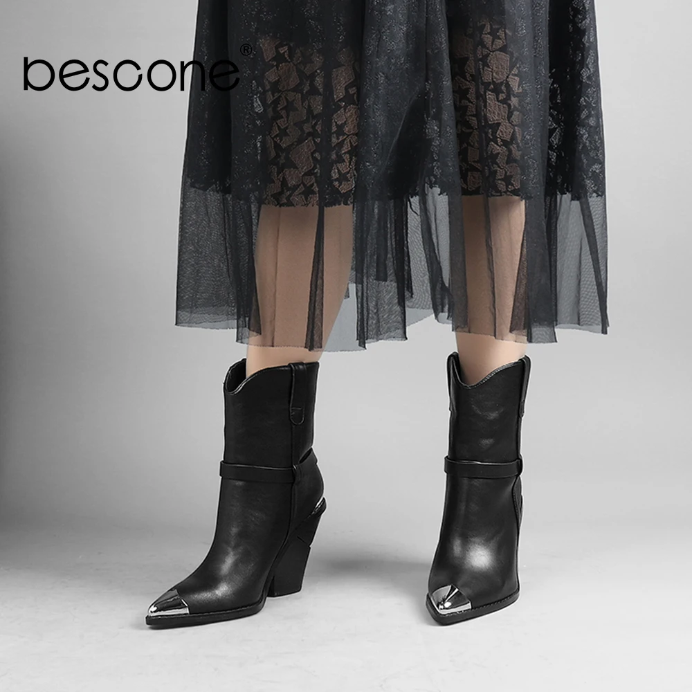 Женские ботинки BESCONE зимние черные ручной работы с острым носком на квадратном