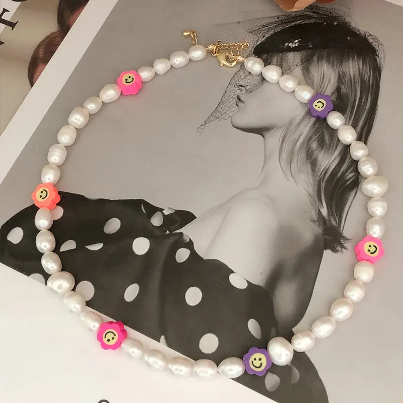 

3Pcs Happy Face Freshwater Pearl Beaded Necklace, Pearl Necklaces, Smiley Face Flower Polymer Clay Charm Necklace For Gifts