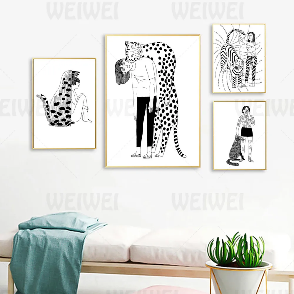 

Funny Character Animal Home Decoration Painting Girl and Leopard Tiger Fox Dog Living Room Wall Canvas Poster Black White Print