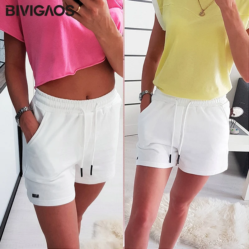 BIVIGAOS Летние Женские однотонные хлопковые белые шорты Свободные повседневные широкие шорты с высокой талией Прямые шорты на шнурке Спортивные шорты