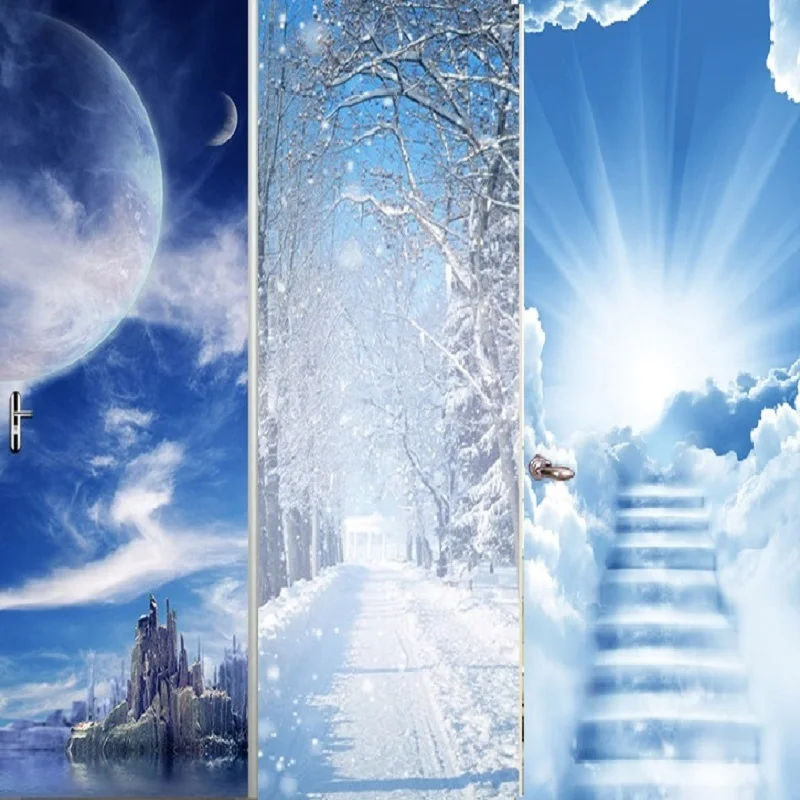 Наклейка на дверь луна ночь замок синее небо белые облака шаги Зимний снег