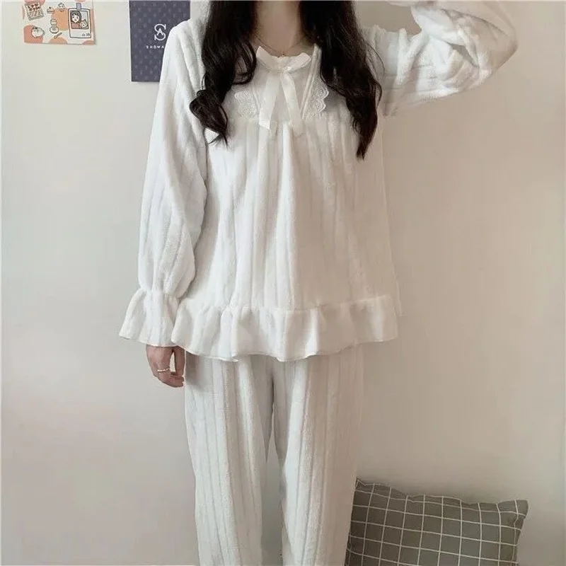 QWEEK Autumn Clothes Women Winter Pajamas Coral Fleece Solid Color Pijamas Ruffles Bow Sleepwear Flared Sleeves Pyjamas Room Set