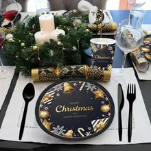 PATIMATE Black Gold Tableware Christmas Tableware Merry Christmas Decoration For Home Table Happy New Year Decor Navidad