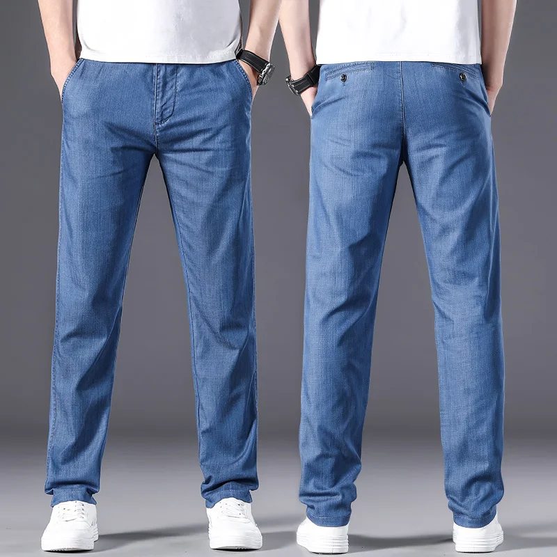 Fashion Ice Silk Jeans Men Modal Loose Straight Business Pants Mens Summer Thin