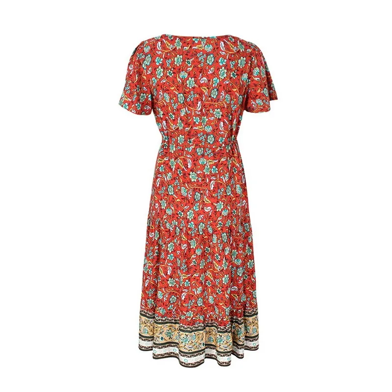 

Elegant Women Dress Spring Summer Casual V-collar Printed Female Dresses Long-style Short-sleeved Vintage Vestidos 2021