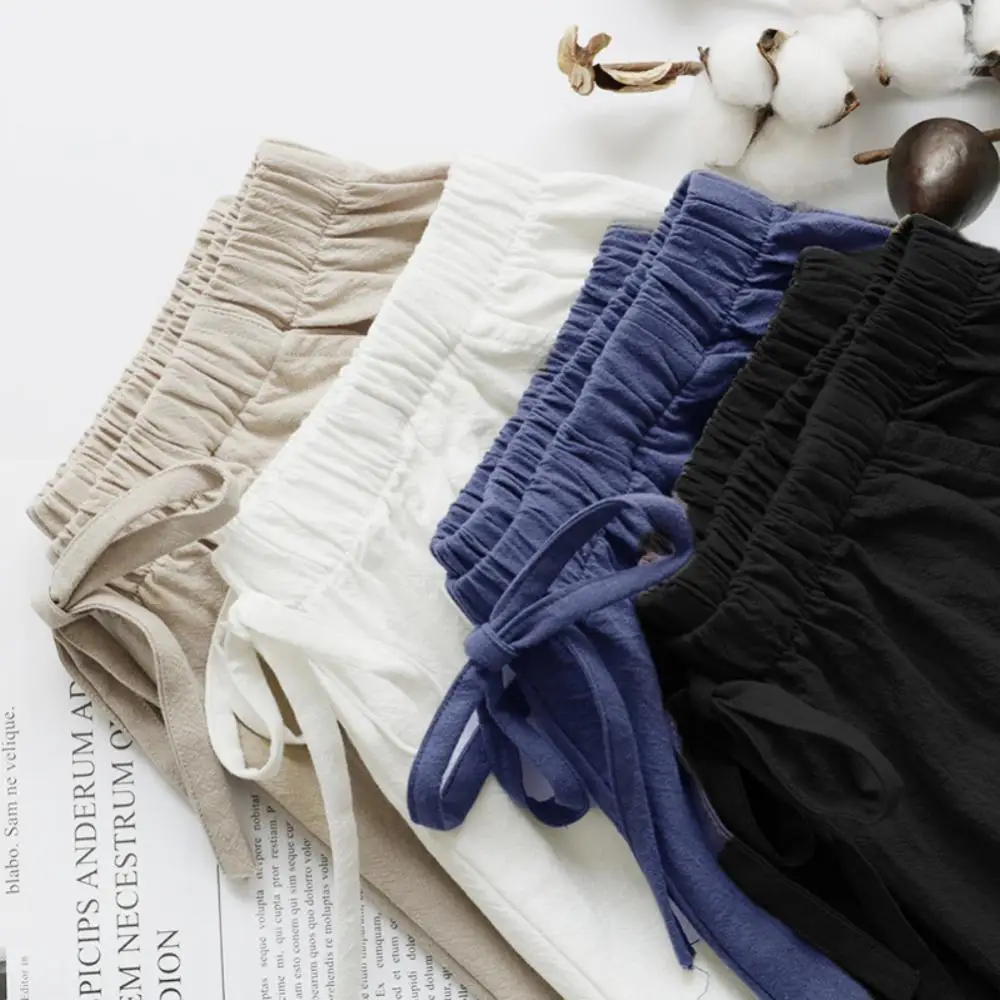 

Women Casual Solid Color High Waist Drawstring Pockets Elastic Cotton Shorts Wide Leg Shorts Minipants Feminino Short Quick Dry