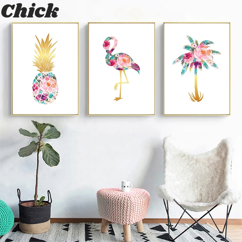 

Пальма ананас Фламинго принты абстрактные цветы тропические Путешествия стены Искусство Холст Живопись постеры эстетика комната декорати...