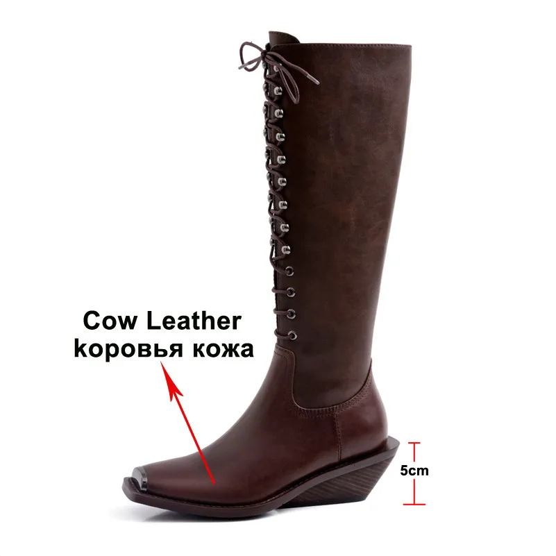 Meotina/Осенние Сапоги до колена; женские высокие сапоги из натуральной кожи на танкетке; обувь на молнии с квадратным носком; женская зимняя обувь; Размер 39