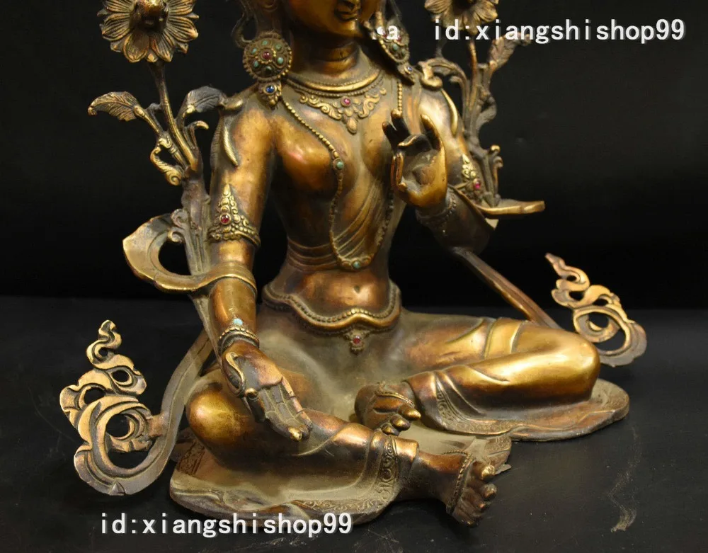 

wedding decoration 14" Old Tibetan Buddhism Bronze Gilt Inlay Gem Green Tara GuanYin Buddha Statue Christmas
