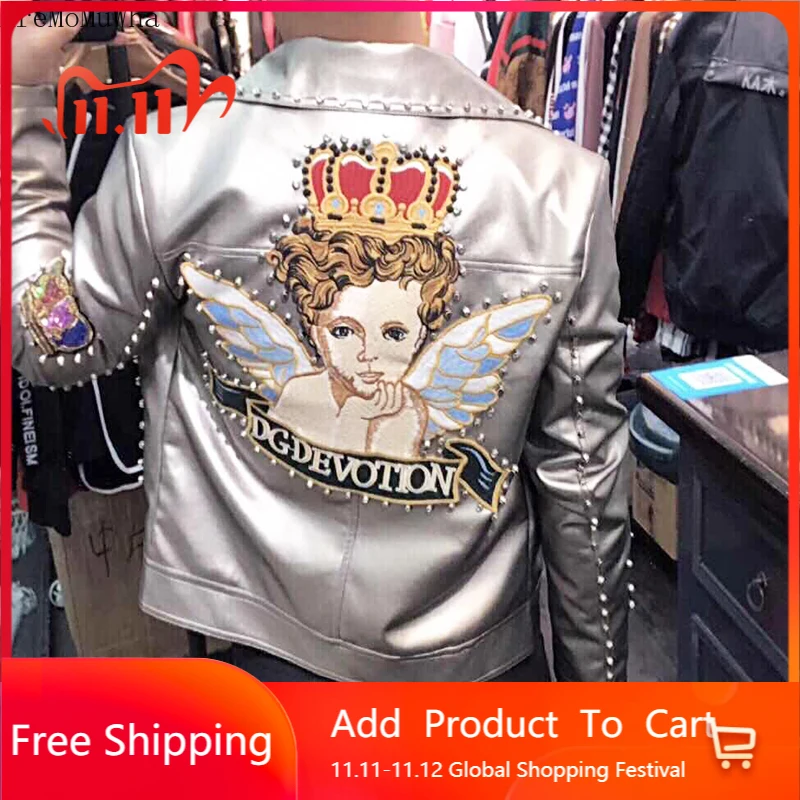 

AreMoMuWha Leather Men's New Slim Street Handsome Rivet Embroidery PU Leather Jacket Personality Motorcycle Clothing Coat QX1133