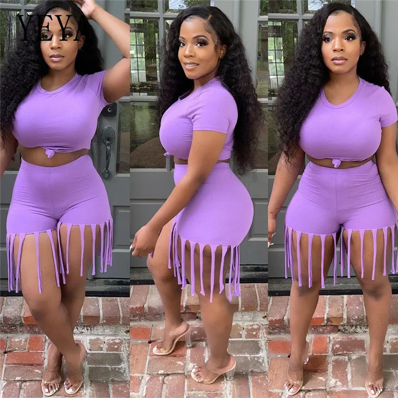 

KEXU Casual Sports 2 Piece Suits Short Sleeve Crop Top Tassel Skinny Pants Joggers Fitness Tracksuits Outfits Summer Streetwear