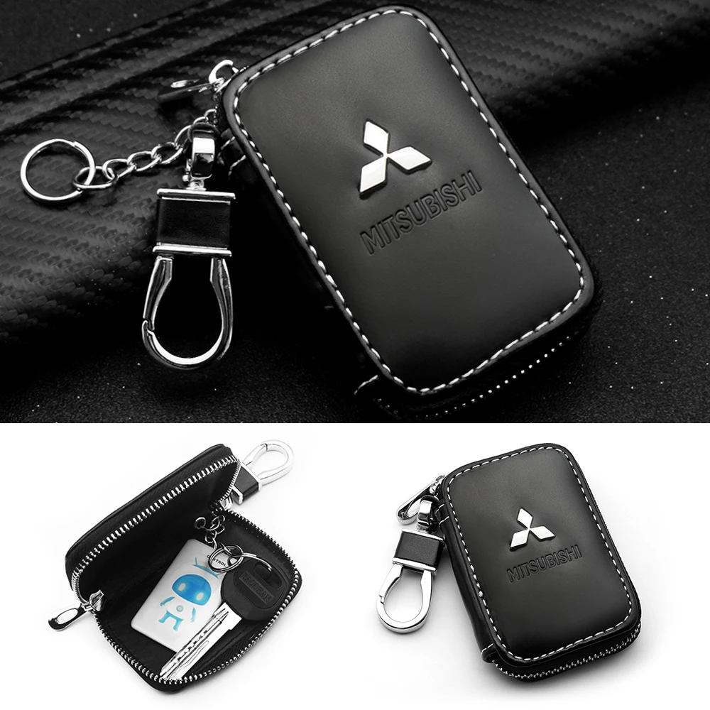 

Leather Car Key Case Remote Control Key Case Leather Zipper Keychain For Mitsubishi Asx Outlander Xl 3 Lancer ​Car Accessories