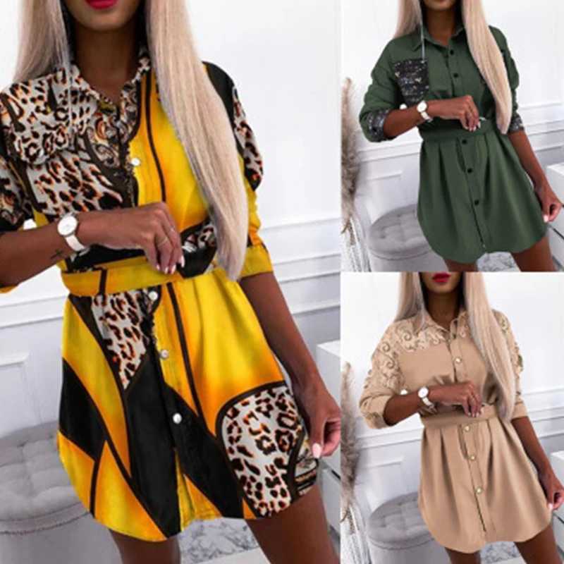 

Элегантное женское платье-рубашка с длинным рукавом, весенне-осенние платья в стиле пэчворк с отложным воротником и блестками, женское вече...