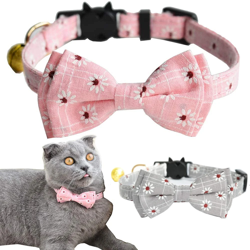 

Cat Collar Breakaway with Bell and Bow Tie Flower Pattern Floral Bow Adjustable Safety Kitty Kitten Puppy Collars