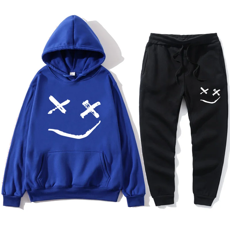 

2021 New Winter Smiley Printed Wool Men's Hoodie Sweatshirt Men Ladies Street Wear Fun Black Hoodie Men's Sports Suit
