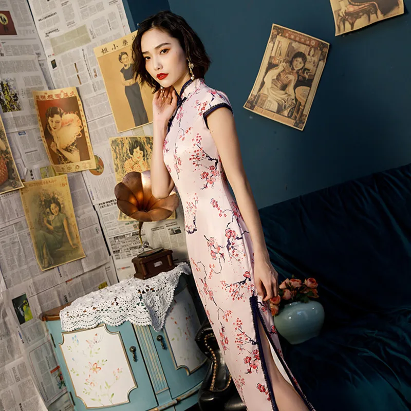 SHENG COCO женские сексуальные розовые цветы длинные Qipao национальные китайские платья свадебные Плюс размерное Ципао тонкий розовый шелк Qipao 4XL