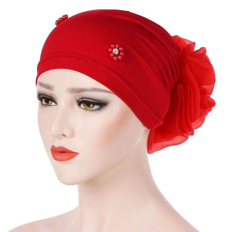 

Unique Beaded Baotou Cap Milk Silk Muslim Flower Bandana Hat Western Style Pan Flower Hat Solid Color Bandana Hat For Girls