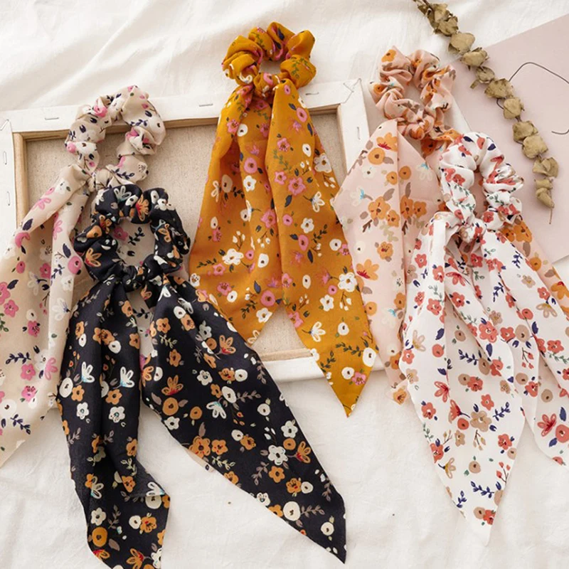 

Шифоновые шелковые заколки с цветочным принтом и бантом, женские резинки для волос, резинки для волос, аксессуары для волос