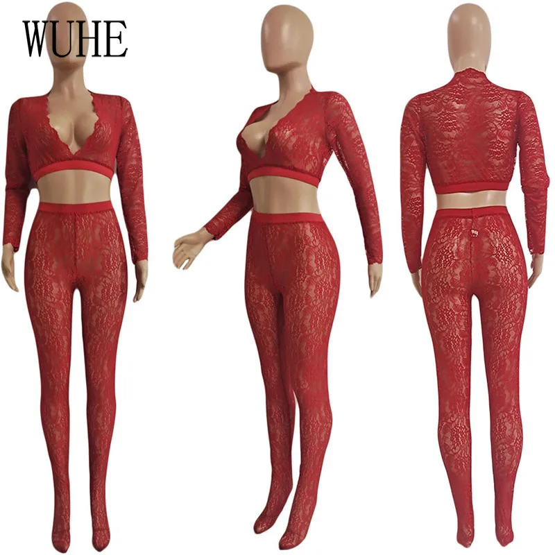 

WUHE Sexy Floral Lace See Through Sexy Long Sleeve V Neck Top Package Hip Skinny Pants Night Club Party Woman Two Piece Set