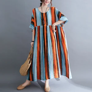 Женское Хлопковое платье с принтом, платье большого размера до щиколотки с круглым вырезом и коротким рукавом, E261, лето 2021