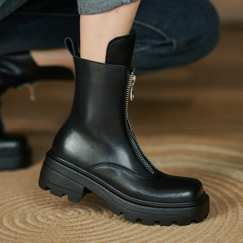 

Heel Thick Martin Women's Shoes British Style Autumn Winter New Leather Short Zipper Chelsea Boots Botas Mujer