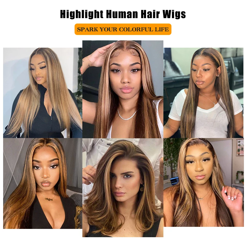 

SPARK 180% Density Ombre Highlight 4x4 Lace Closure Human Hair Wigs Brazilian Straight HD transparant 13x4 Lace Frontal Wig Remy