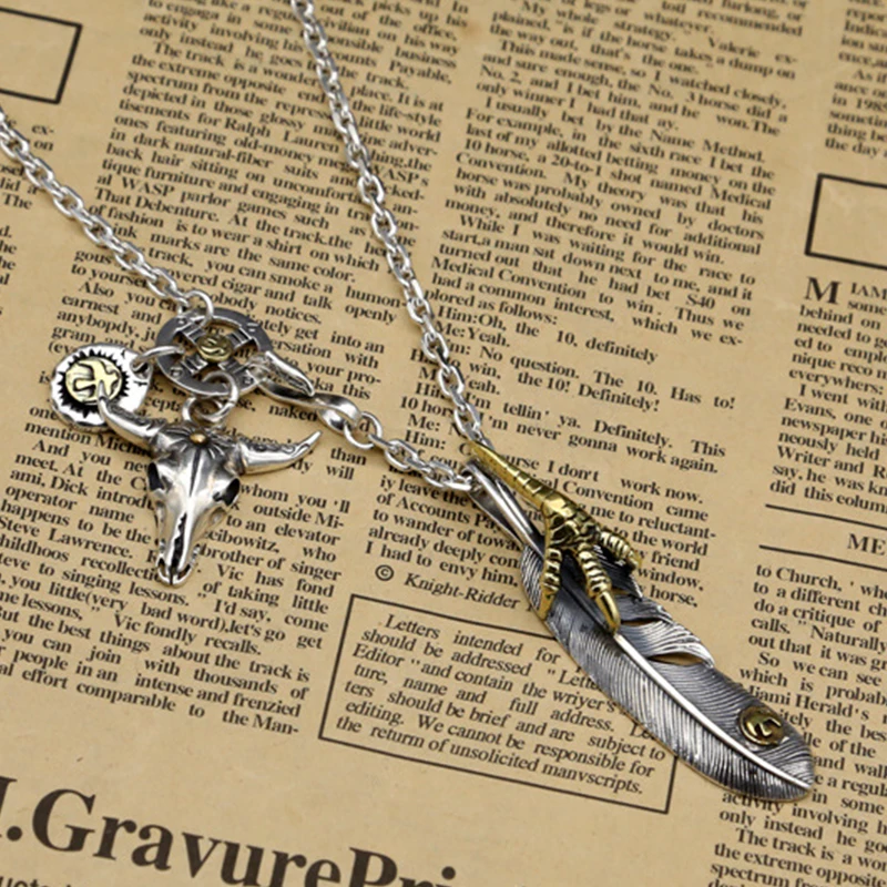 

S925 sterling silver jewelry Thai silver style men and women personality universal classic feather ox head pendant necklace
