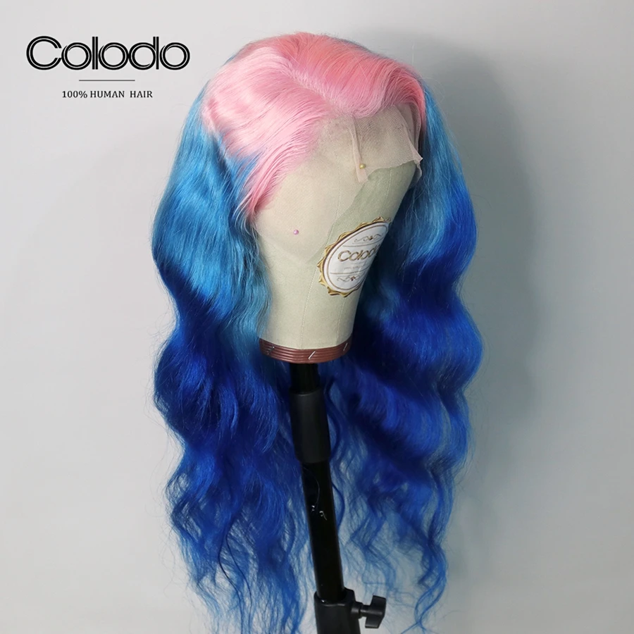 COLODO Wavy Pink Human Hair Wig 3 Tones Ombre Lace Front Wig With Baby Hair Remy Brazilian Transparent Lace Wigs For Black Women