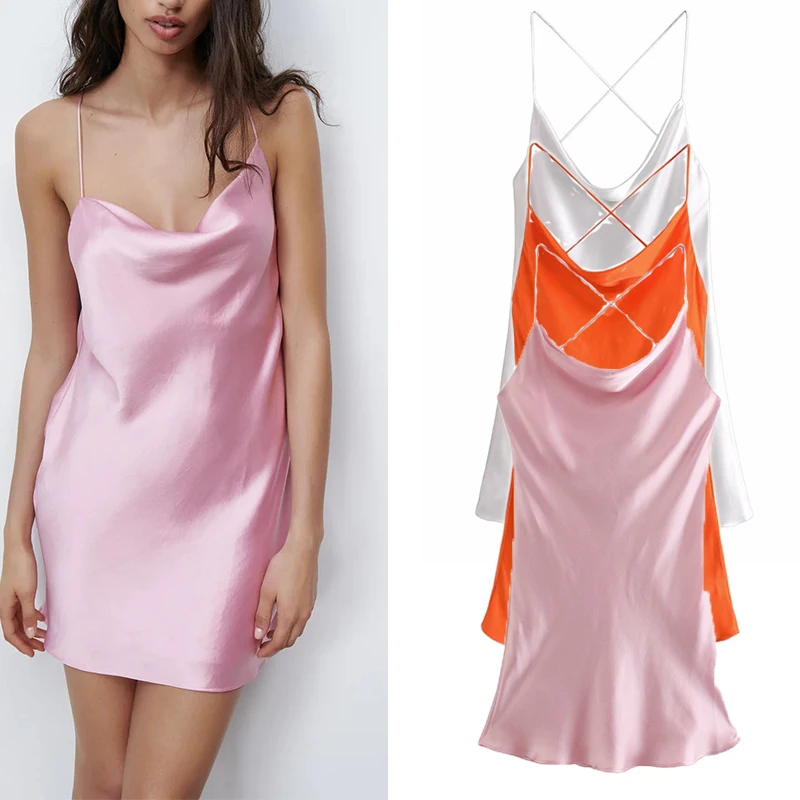 ZA летнее женское сатиновое платье на бретелях с вырезом лодочкой свободные