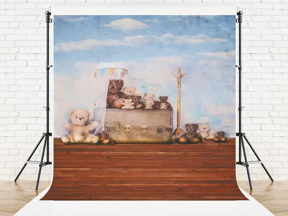 VinylBDS 200x300 см фон для детской фотосъемки Медведь Голубое Небо деревянный