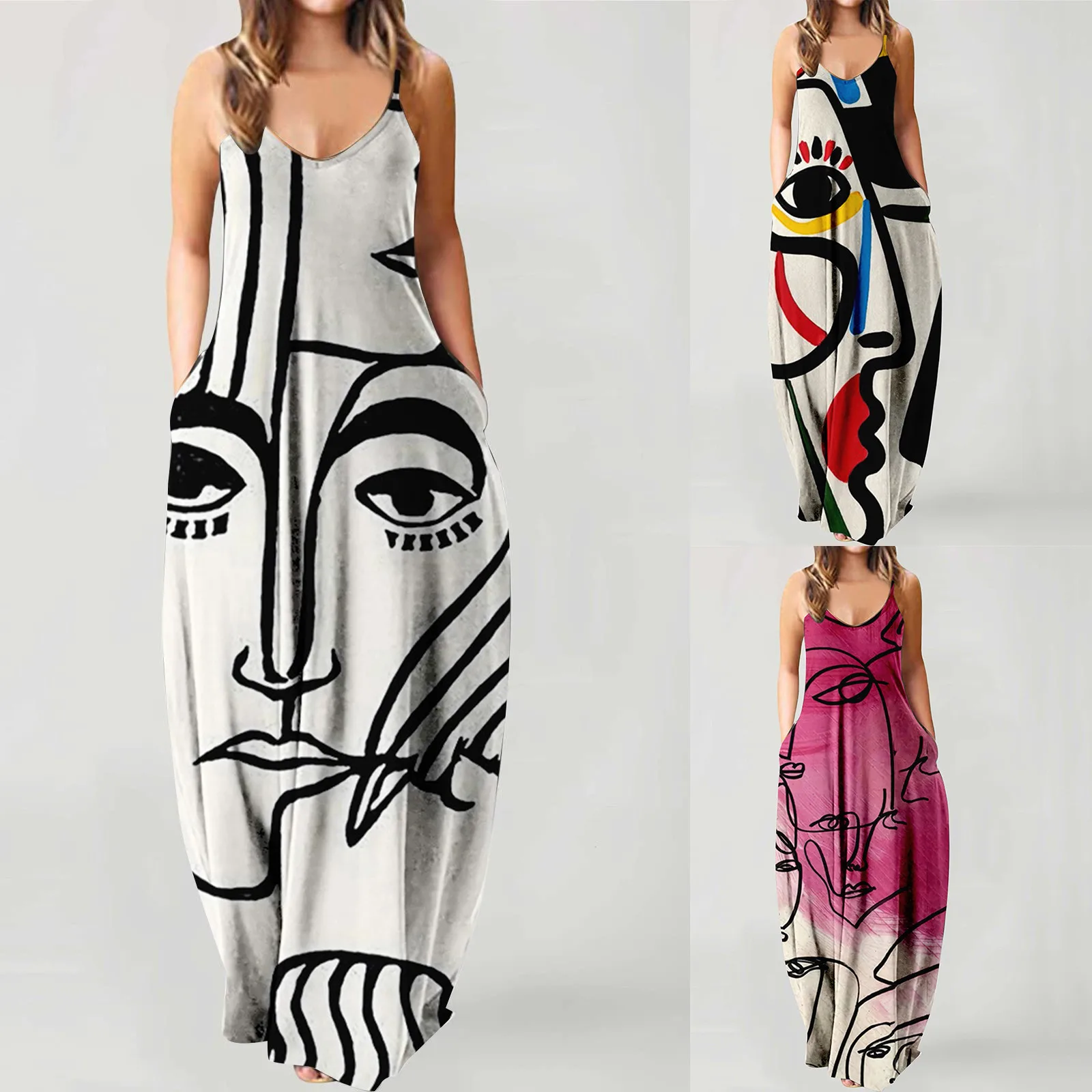 

Women's Summer Dress 2021 Sexy Sleeveless Cartoon Personality Printed Casual Pocket Sling Long Skirt Women's Dress Robe Femme