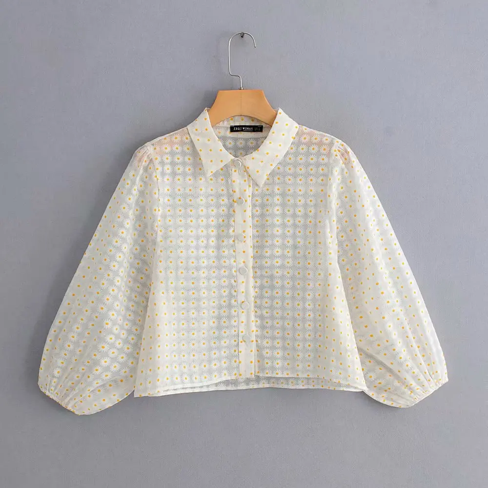 Винтажная рубашка с отворотом и длинным рукавом прозрачная принтом блузка топы