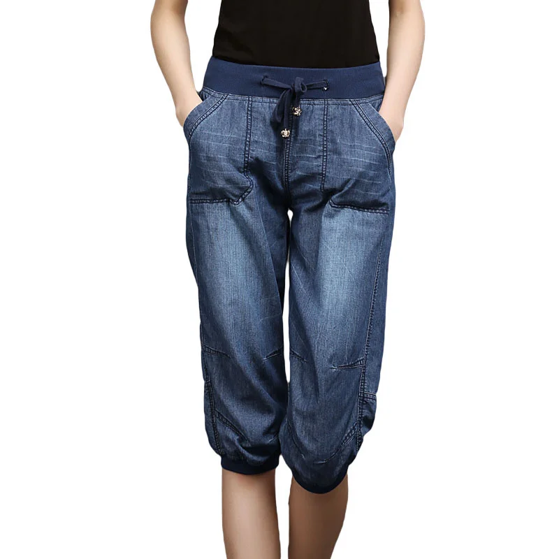 

Plus Size Black Denim Jeans Women's Summer Harem Pants Light Washed Loose Cotton Casual Calf-Length Blue Trousers Women 3XL 4XL